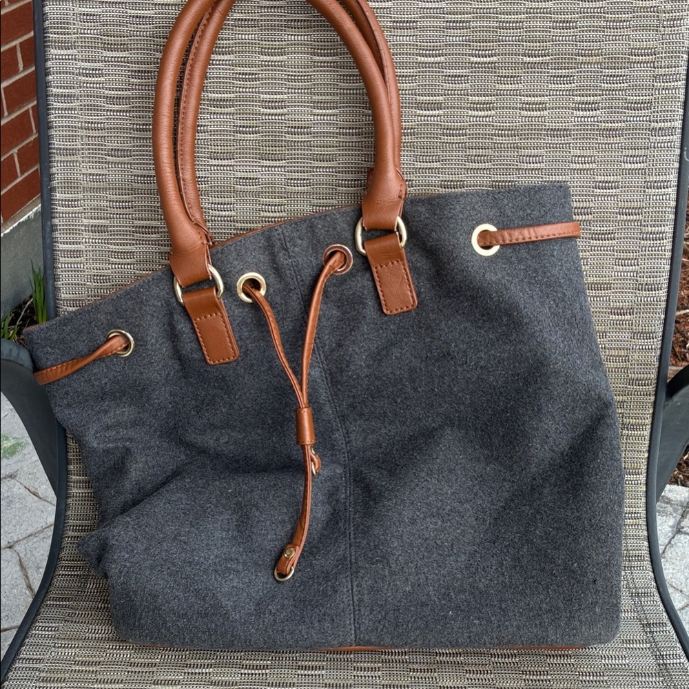 Talbots Gray Wool-Blend Tote with Brown Leather Trim